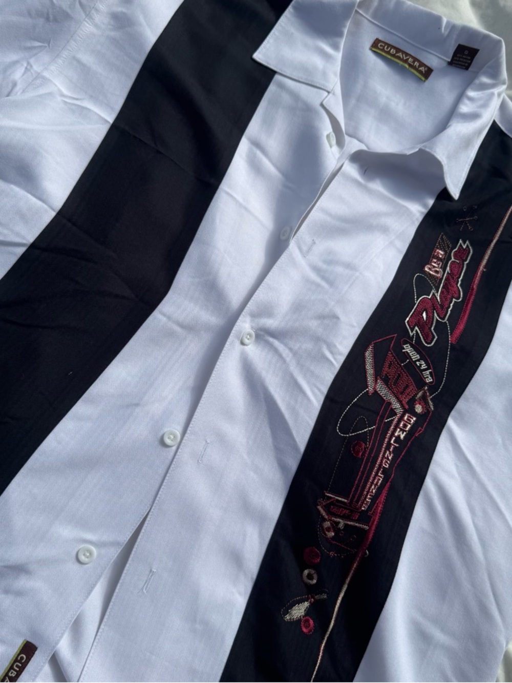 Cubavera white and black embroidered bowling shirt